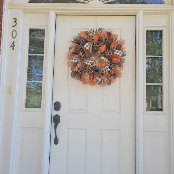 Fall Thanksgiving Mesh Front Door Wreath - Orange Brown Burlap Wreath ...