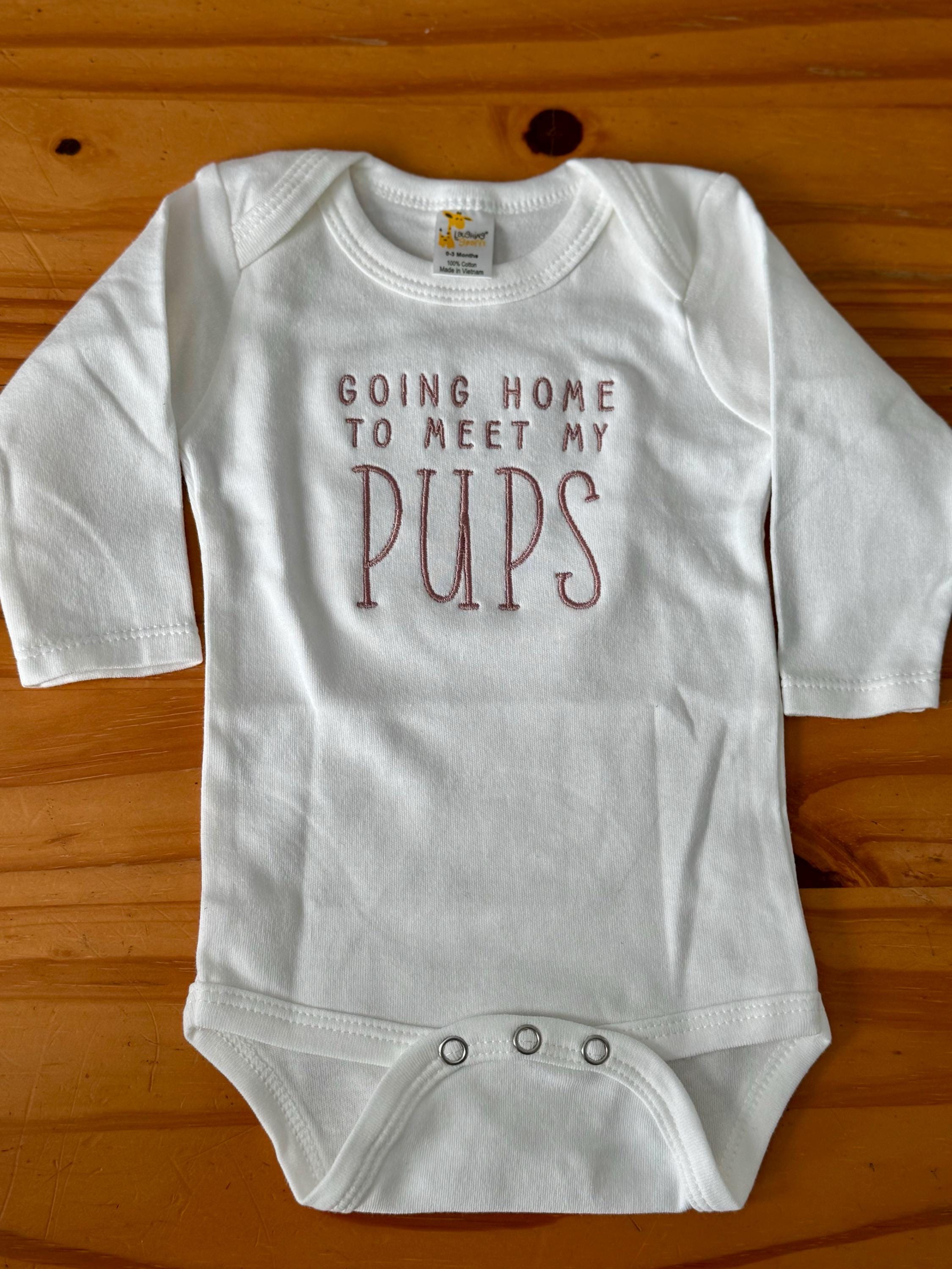 Embroidered Going Home to Meet My Pups Onesie® brand, New Best Friend Onesie, Personalized Dog Name Onesie, Dog Name Onesie, F45