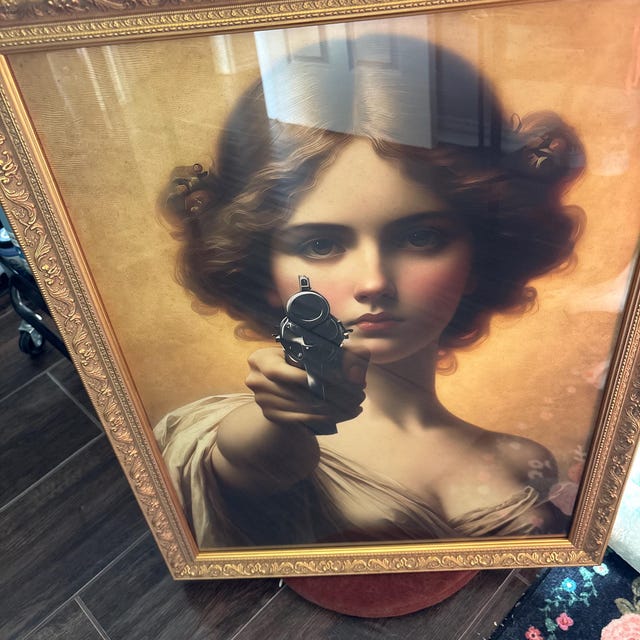 Ready Printed – Woman With a Gun Altered Portrait | Funny Vintage