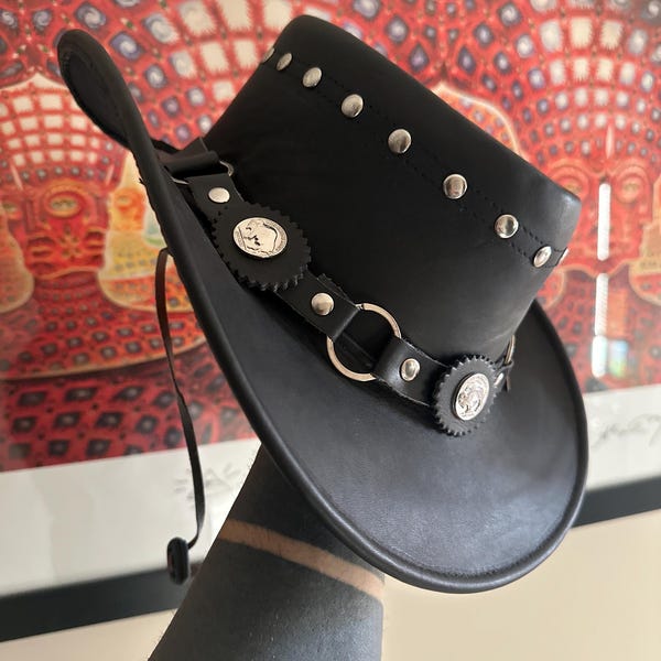 Rocker Black Suede Leather Top Hat Handcrafted Leather Hat , Conchos ...