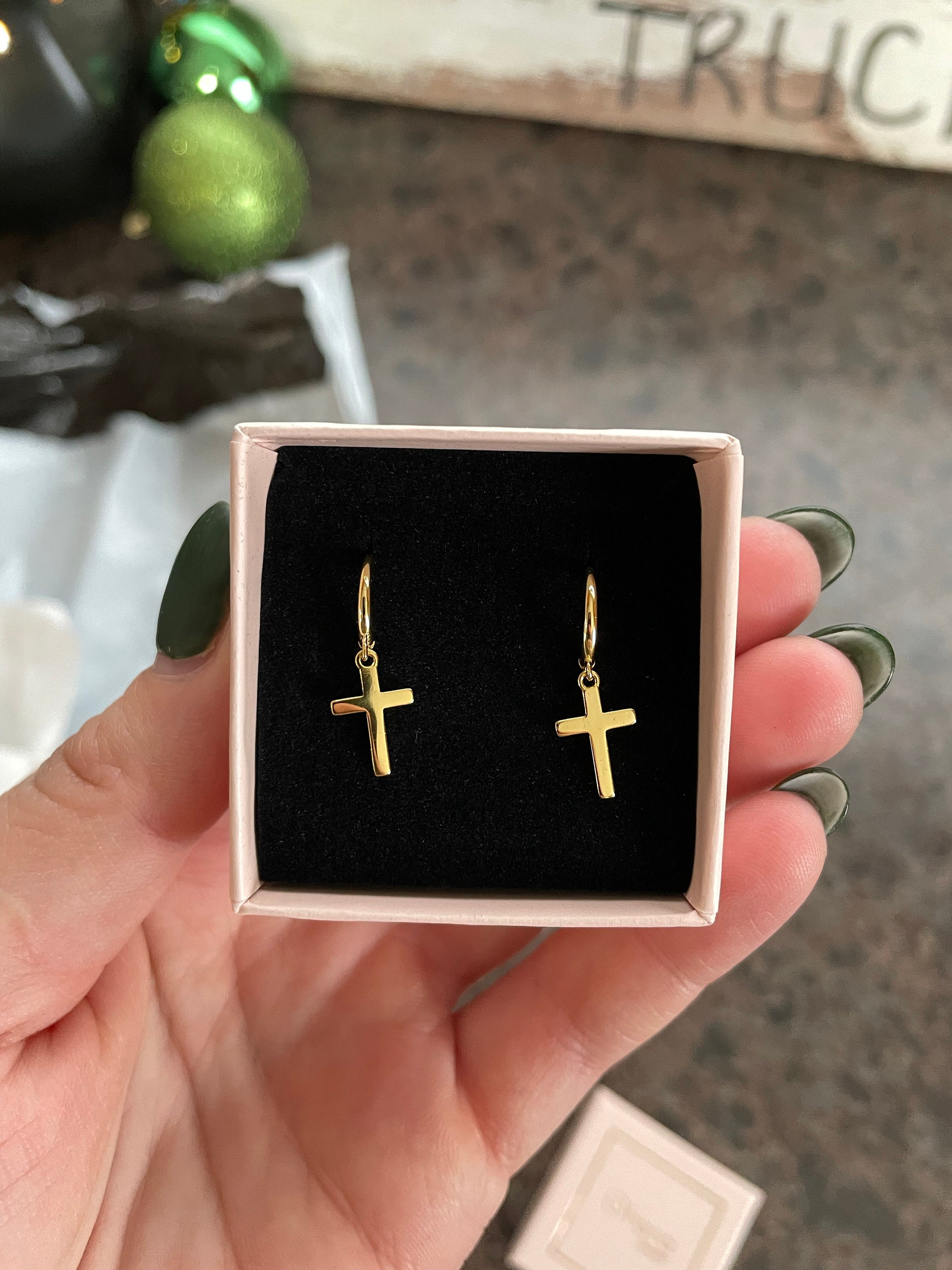 Dainty & Minimalist Cross Shaped Charm Huggie Hoop Earrings