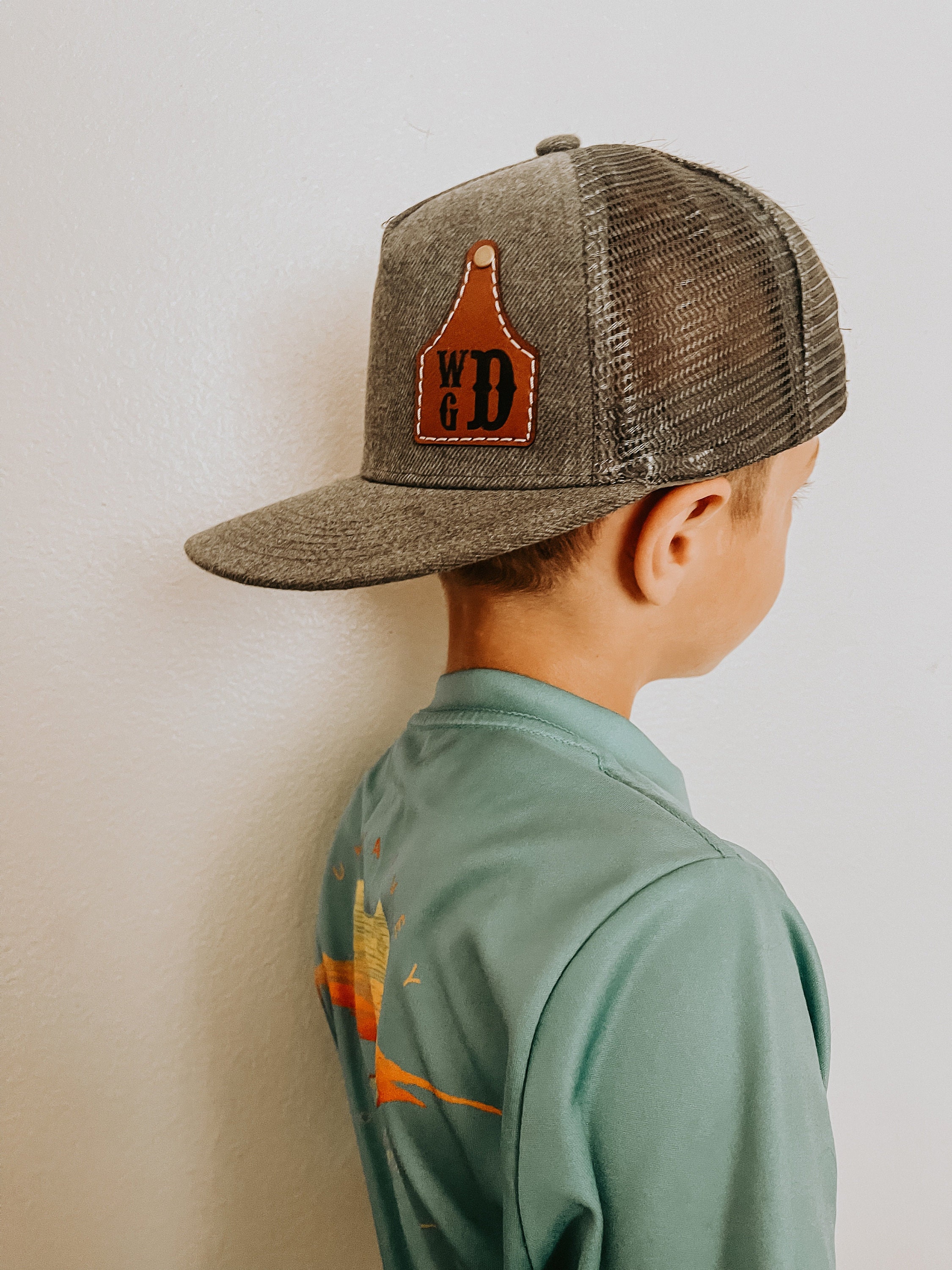 Custom Cow Tag Hat Kid Size, Cattle Tag Rancher Hat, Personalize Baby Toddler Youth kid Cowboy cap, ranch brand logo initials leather patch