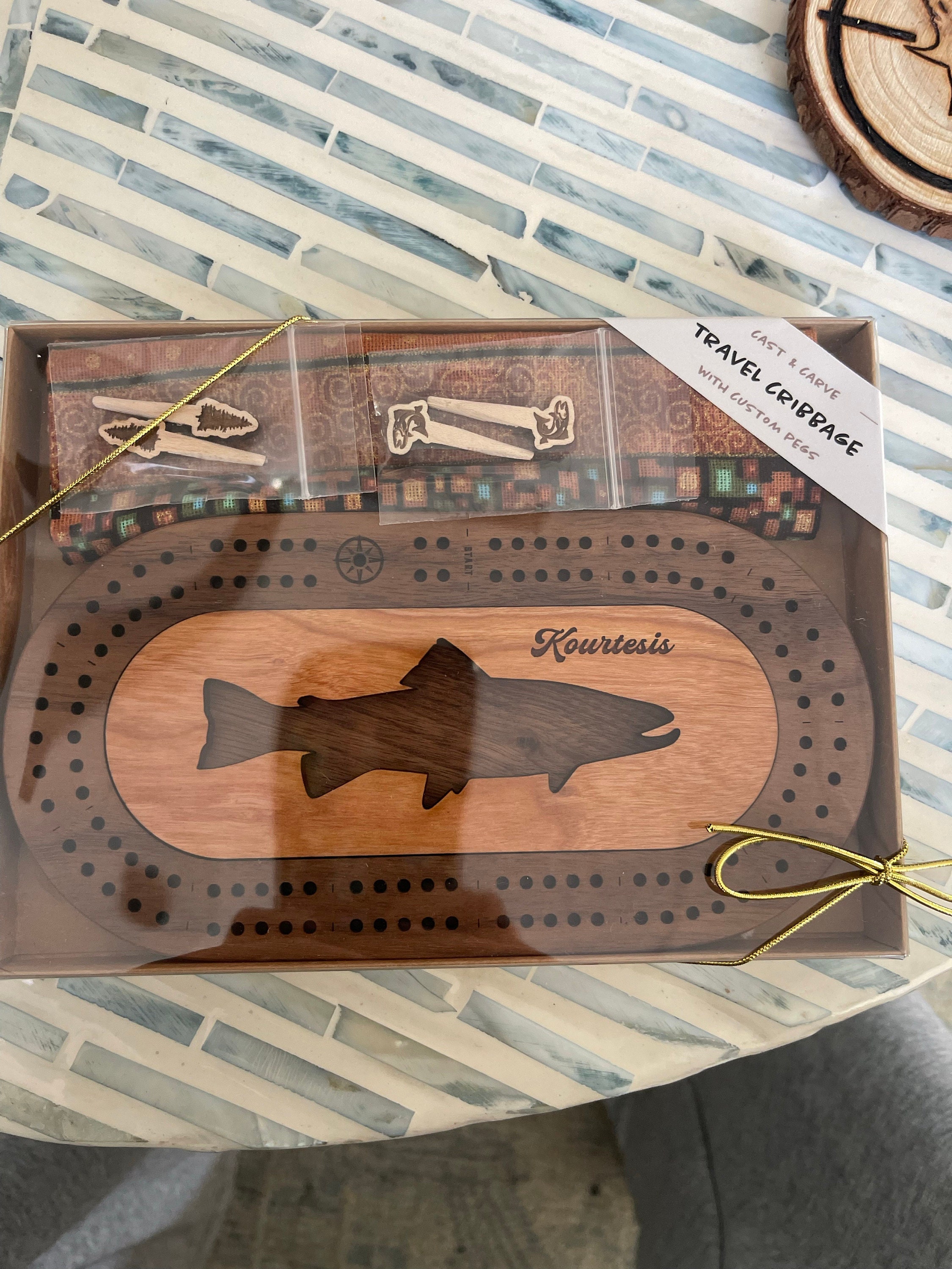 Wildlife Mini Cribbage Board Personalized with Custom Pegs - Bees, Fish, Moose, Bear, Tree, Bigfoot, Small Travel Cribbage