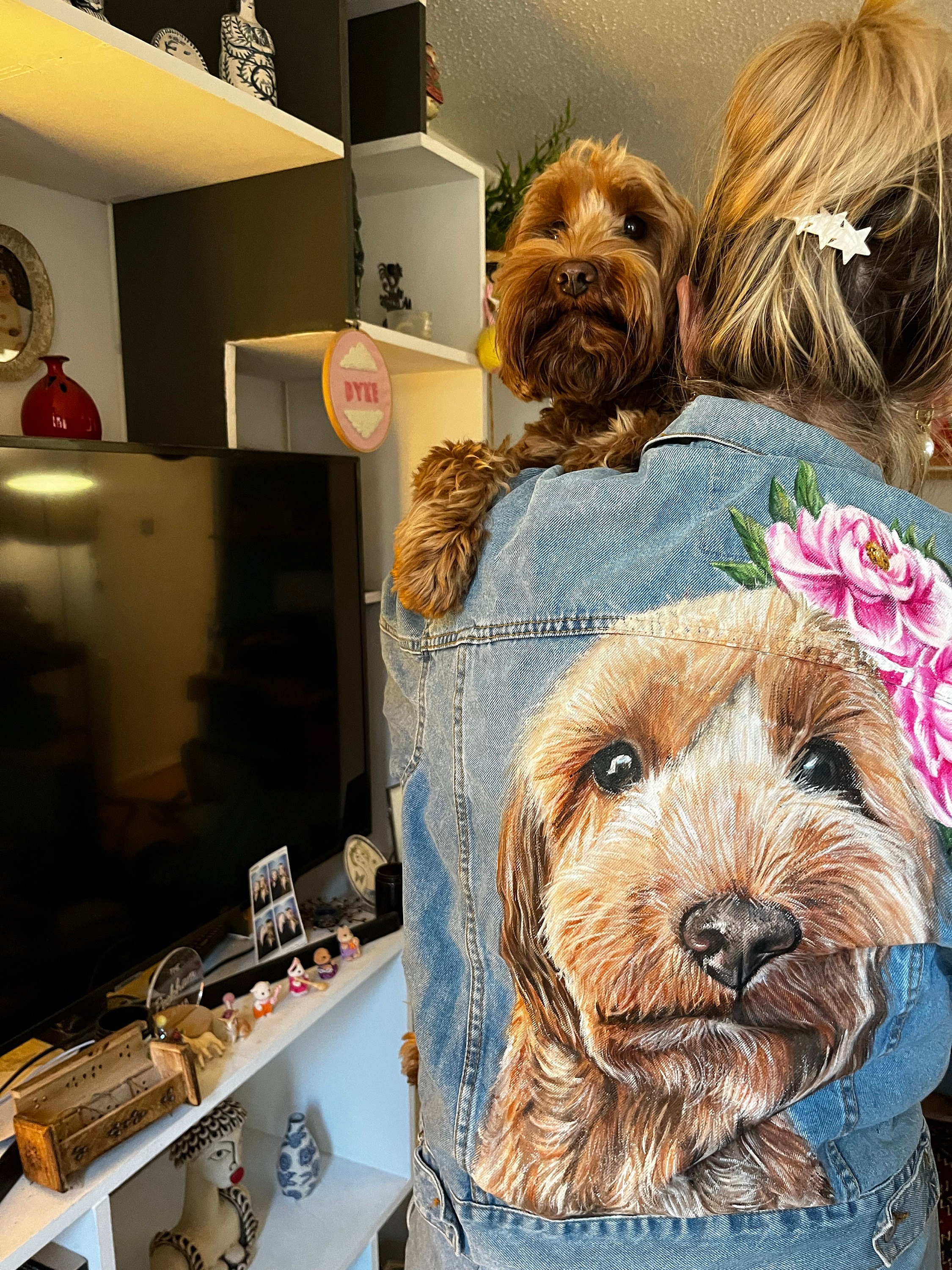 Pet Portrait Custom Denim Jacket- Hand-Painted vintage Adult denim jean Jacket- Paint from photo personalised painted pet design
