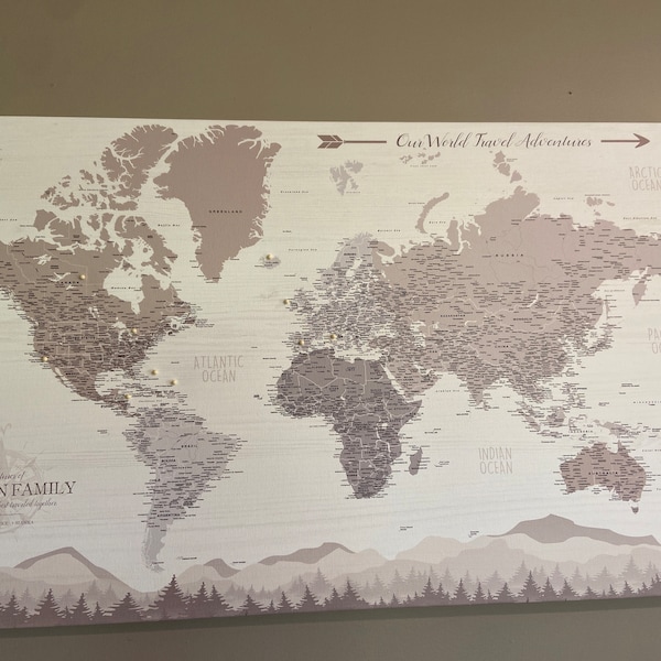 Farmhouse Push Pin World Map Personalized Canvas, Travel Gift, Rustic ...