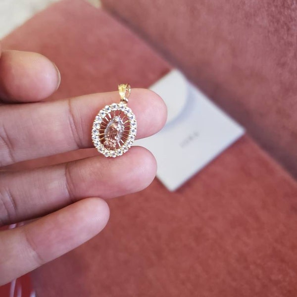 Real 14K Yellow Gold Cubic Zirconia Religious Our Lady of Guadalupe ...