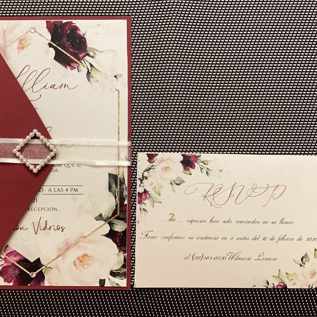 Vintage Wedding Invitation Cards With Burgundy Ribbon Bow