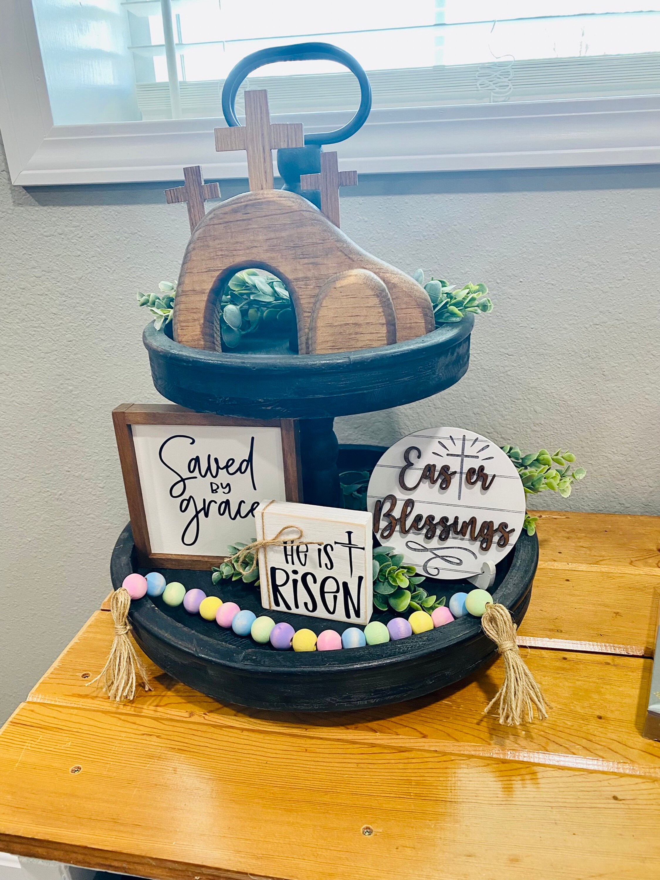 Easter Tiered Tray, Easter Tier Tray, Easter Decor, He Is Risen, Religious Easter Decor, Tier Tray Decor, Mini Wood Signs, 3D Signs, Easter