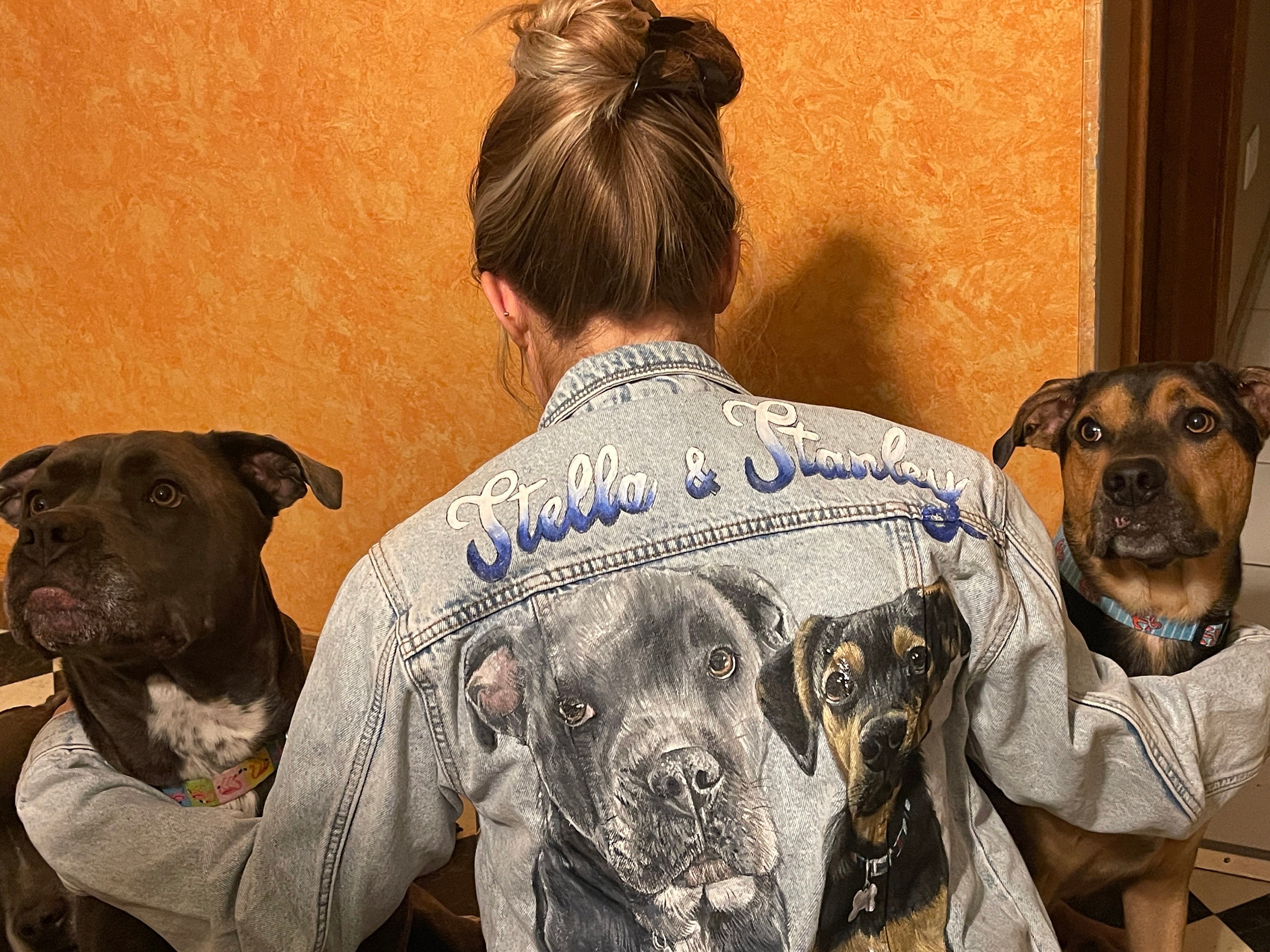 Pet Portrait Custom Denim Jacket- Hand-Painted vintage Adult denim jean Jacket- Paint from photo personalised painted pet design