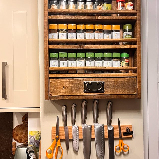 3-Tier Natural Wood Wall Mounted Spice Rack – Herb Jar Holder For Kitchen (24.5cm Wide, 42.5cm High)