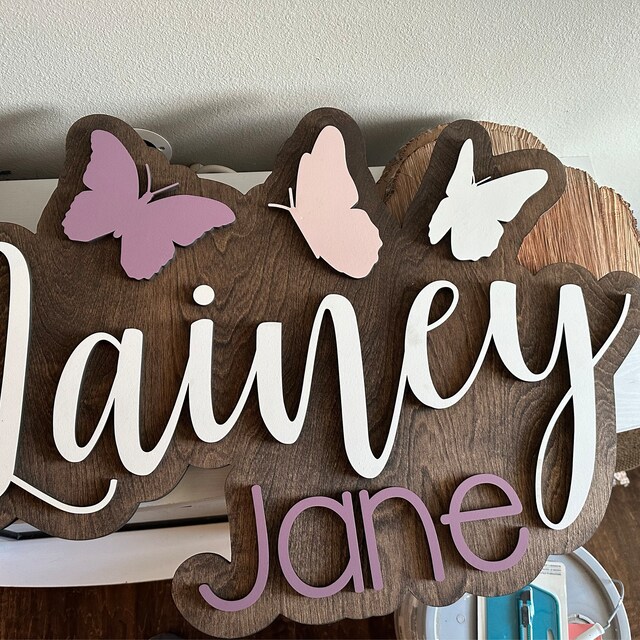 Personalized Name Door Sign - Purple & Pink Butterflies Kids Room Wall Plaque