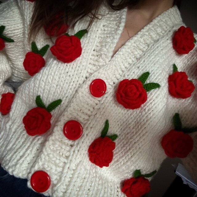 Summer Rose , Red Rose ,rose Embroidered Knit Cardigan , Woman