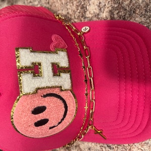 Women's custom bling trucker hat with hat chains- initial hat, smiley face hat, heart hat, pearl hat