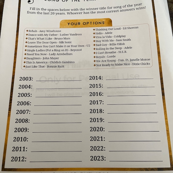 Printable 2025 Grammy Awards Ballot Printable Prediction Sheet for the