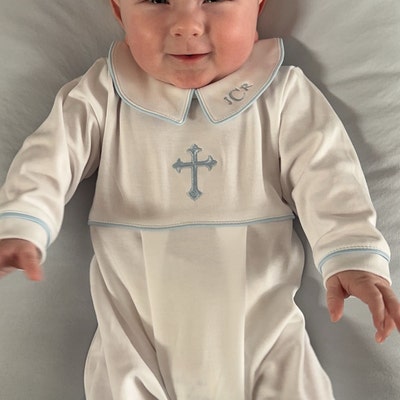Luke Baptism Outfit-white W Blue Trim-baby Boy Baptism Outfit-baby Boy ...