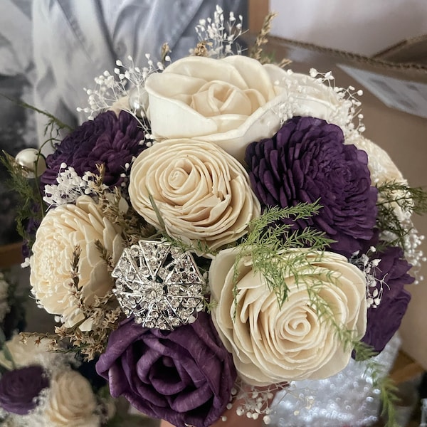 Dark Purple Sola Wood Flower Bouquet, Plum Wooden Bouquet, Bride ...