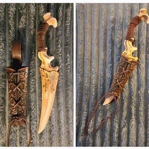 黒革・茶革製短剣吊り②(ハンドメイド) 手作りの革製短剣鞘、装飾的なLARP用鞘、バイキング中世ファンタジー