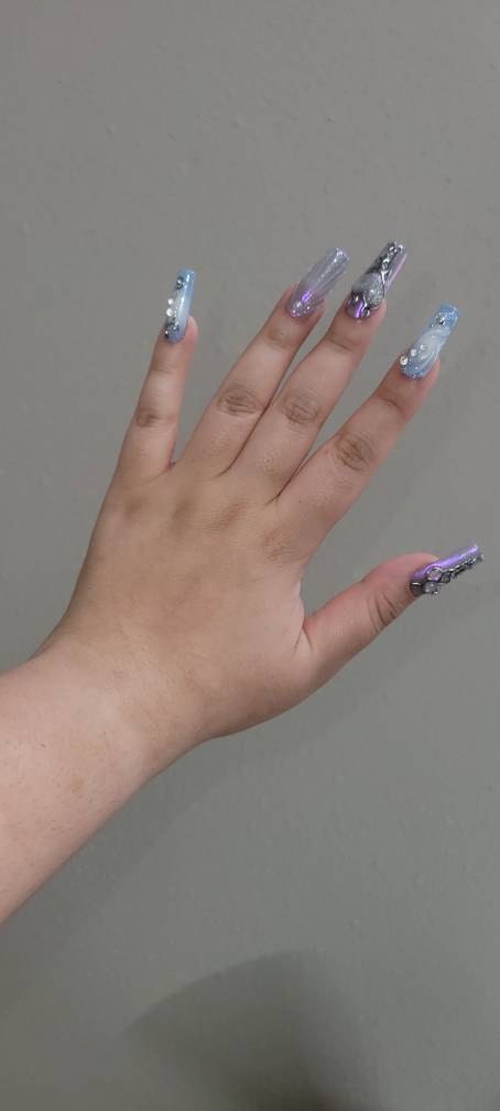 Free Style Blue Mermaid Almond Press On Nails, Handpainted Fake/False Nails, Prom/Event/Birthday Nails, Goth/Gothic/Y2K/Aura Nai