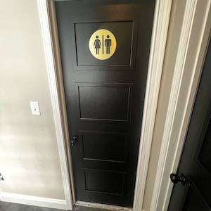 Restroom door sign metal. Unisex bathroom sign gold. All Gender restroom. Male and Fimale toilet. Modern office signage.