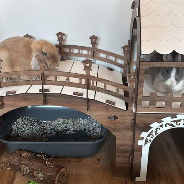 Terrace Rabbit Two Story Wooden Bunny Castle – Rabbit House With Bridge, Towers ...