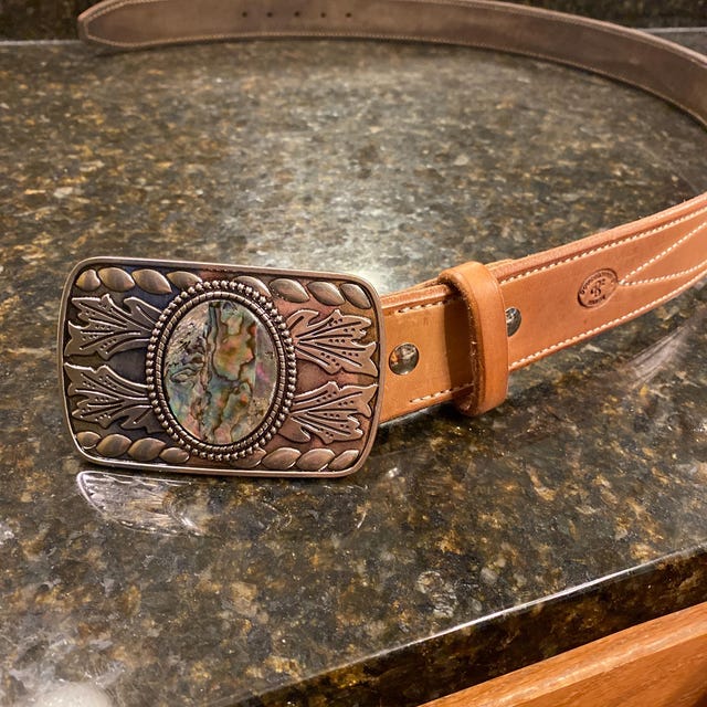 Vintage Duluth Womens Size 14 Leather Belt Abalone Shell Wood Inlay Buckle Vintage Abalone Shell Inlay With Mixed Wood. Rectangle Belt  main image 3