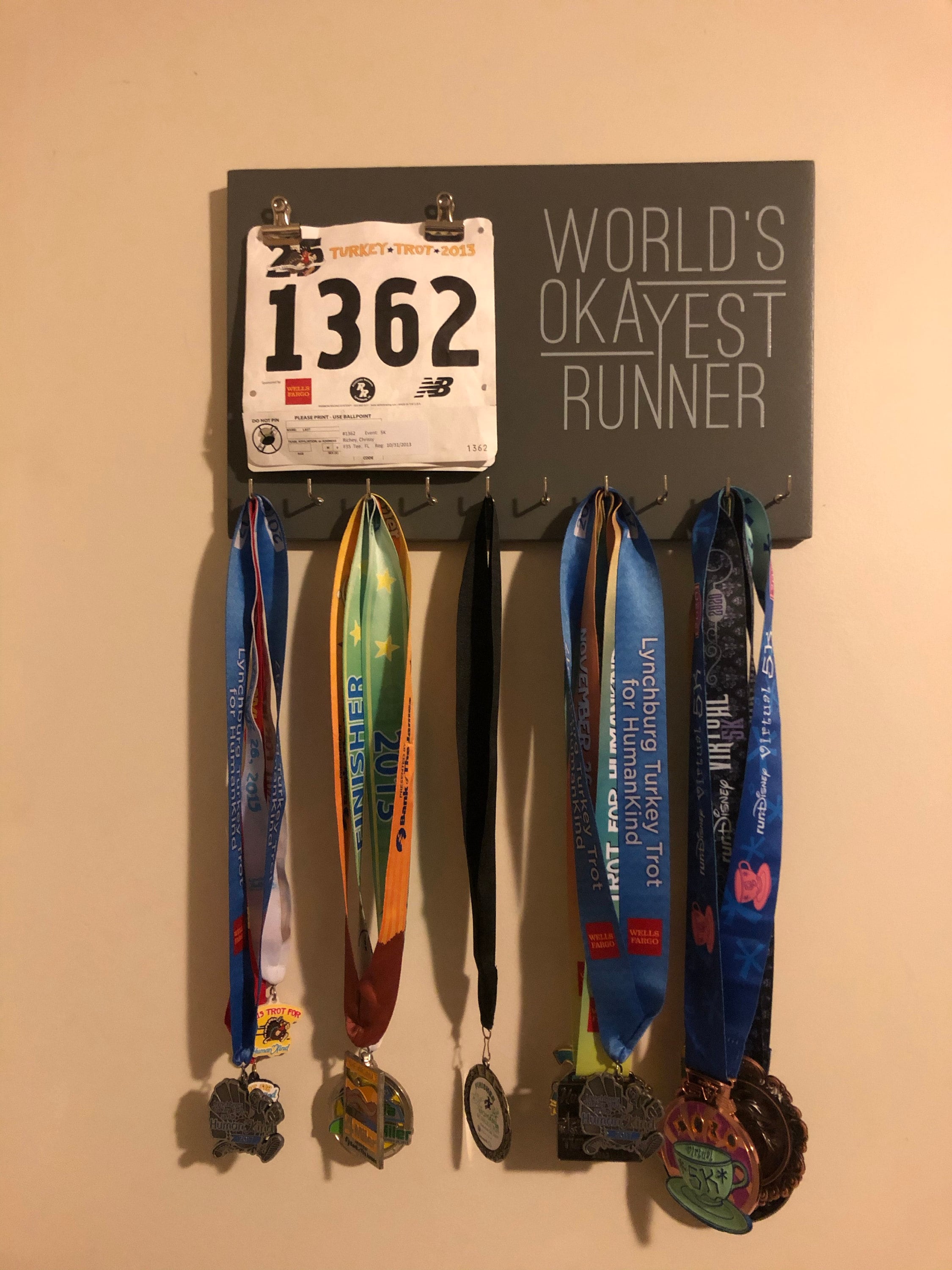 Running Medal Bib Holder Worlds Okayest Runner - Medal Holder, Medal Rack, Medal Display, Race Bib Display, Race Bib Holder
