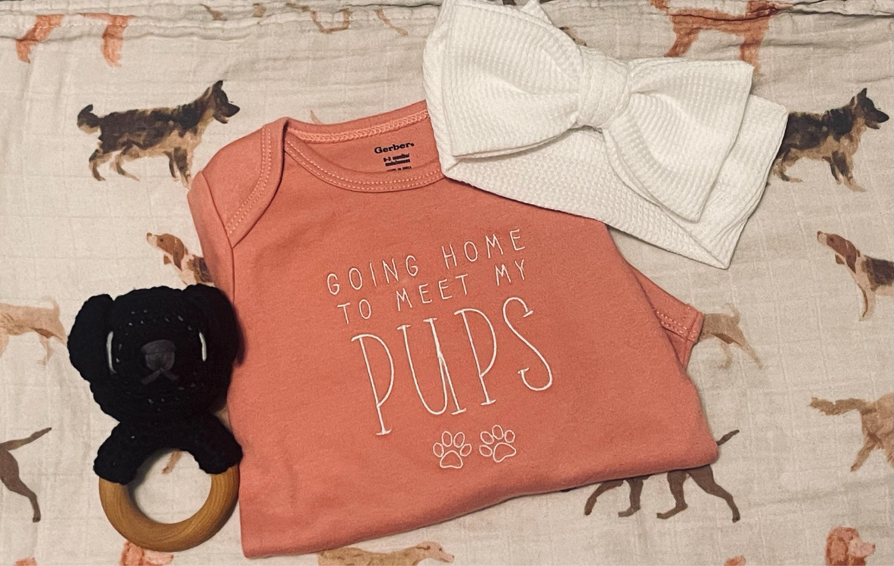 Embroidered Going Home to Meet My Pups Onesie® brand, New Best Friend Onesie, Personalized Dog Name Onesie, Dog Name Onesie, F45
