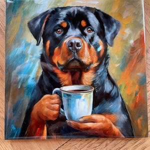 Rottweiler Drinking Coffee Ceramic Tile Trivet for Hot Dishes