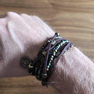 メンズ用レザービーズラップブレスレットセット - レザーグリーン