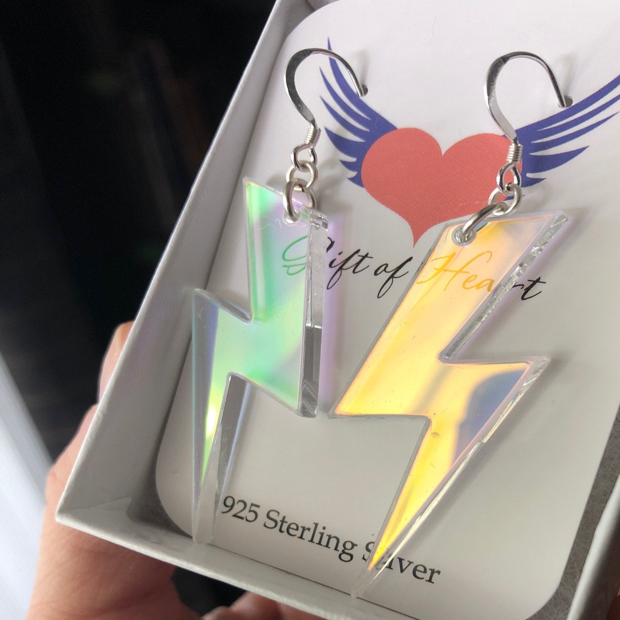 Iridescent Lightning Bolt Earrings, Rainbow Statement Earrings, Thunderbolt Earrings Pierced or Clip-on, Weather Earrings