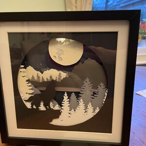 狼の遠吠え、月、森、山、風景、切り絵、3D、シャドーボックス