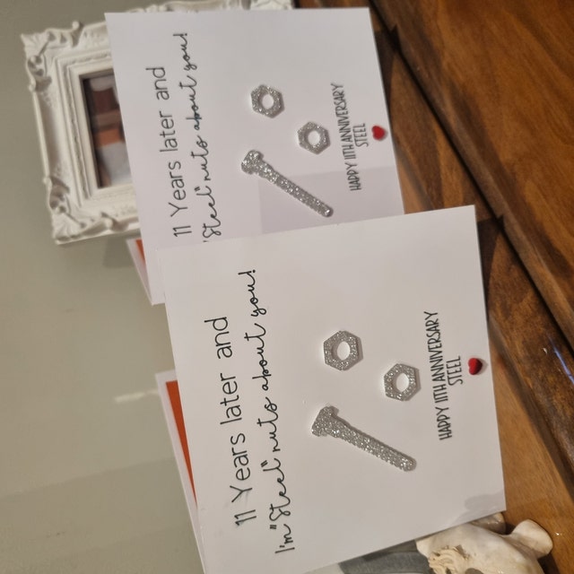 Biglietto Di Auguri Per 11° Anniversario Di Matrimonio - Design Acciaio Con Bulloni E Dado - Con Adesivi E Busta - 3