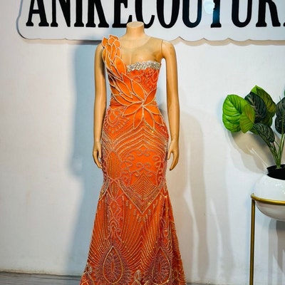 Black Beaded Evening Dress With Mermaid Slit & Gloves