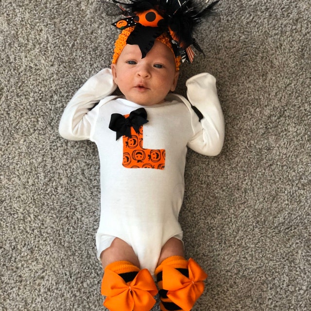 Baby Girl Halloween Outfit initial bodysuit leg warmers | Etsy