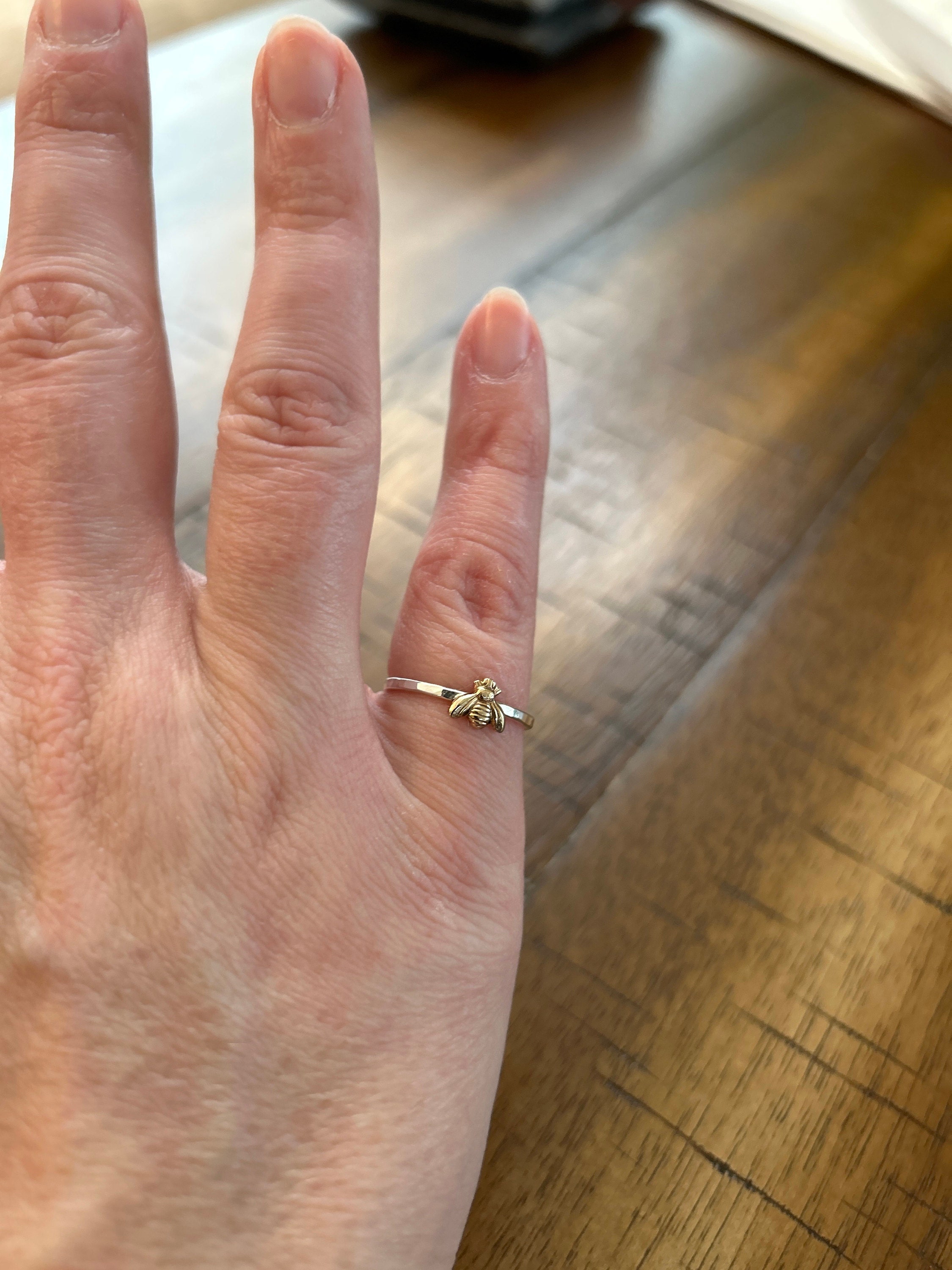Simple tiny sterling silver bee ring, silver and gold brass stacking ring, hammered band ring, gift for women