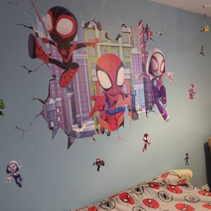 Large Spiderman Wall Sticker, Cityscape Superhero Decal, Jumbo Kids Room Mural, Nursery Decor with Spiderman, Spiderman Wall Sticker