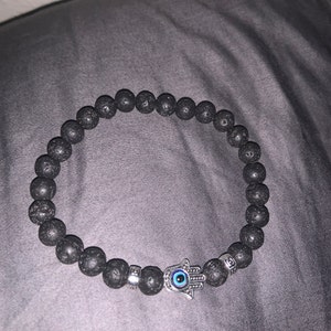 thumbnail image 2 of DouVei 8mm Natural Lava Stone Beaded Bracelet - Spartan Helmet & Hamsa Charm - Men's Women's Unisex 2 of 4