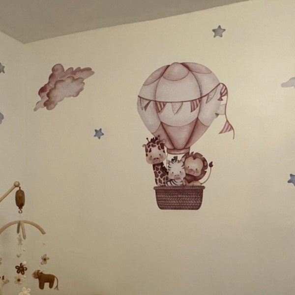 Watercolor Air Balloons and Animals Wall Decal, Hot Air Balloons Jungle ...