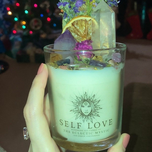Self Love Intention Candle With Crystals, Herbs & Flowers- Black ...