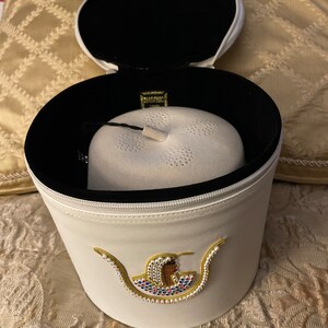 Round Hat Box Masonic Shriner Fez Hat Case - Black Leather Storage With Dual Emblems & Shoulder Strap Black Leather Fez Box