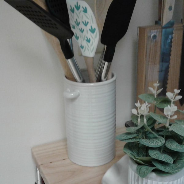 Scandi Kitchen Utensil Holder, Beige Ceramic Pot With Handles, Ribbed ...