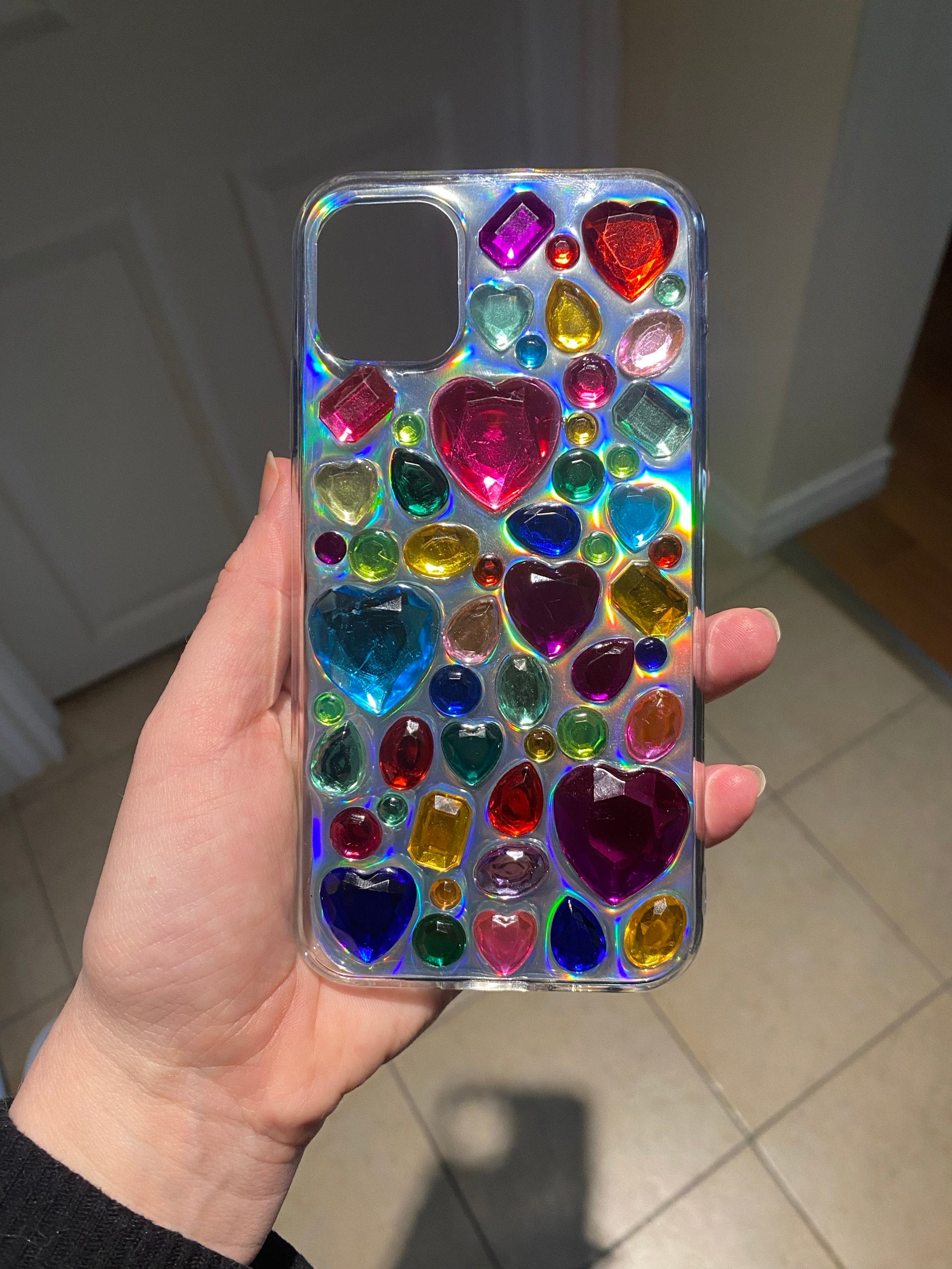 Bling Rhinestone 3D Phone Case, Holographic Insert Phone Case, Glitter iPhone Case, Hearts Phone Case for iPhone 12/13/14/15 Pro Max, Galaxy
