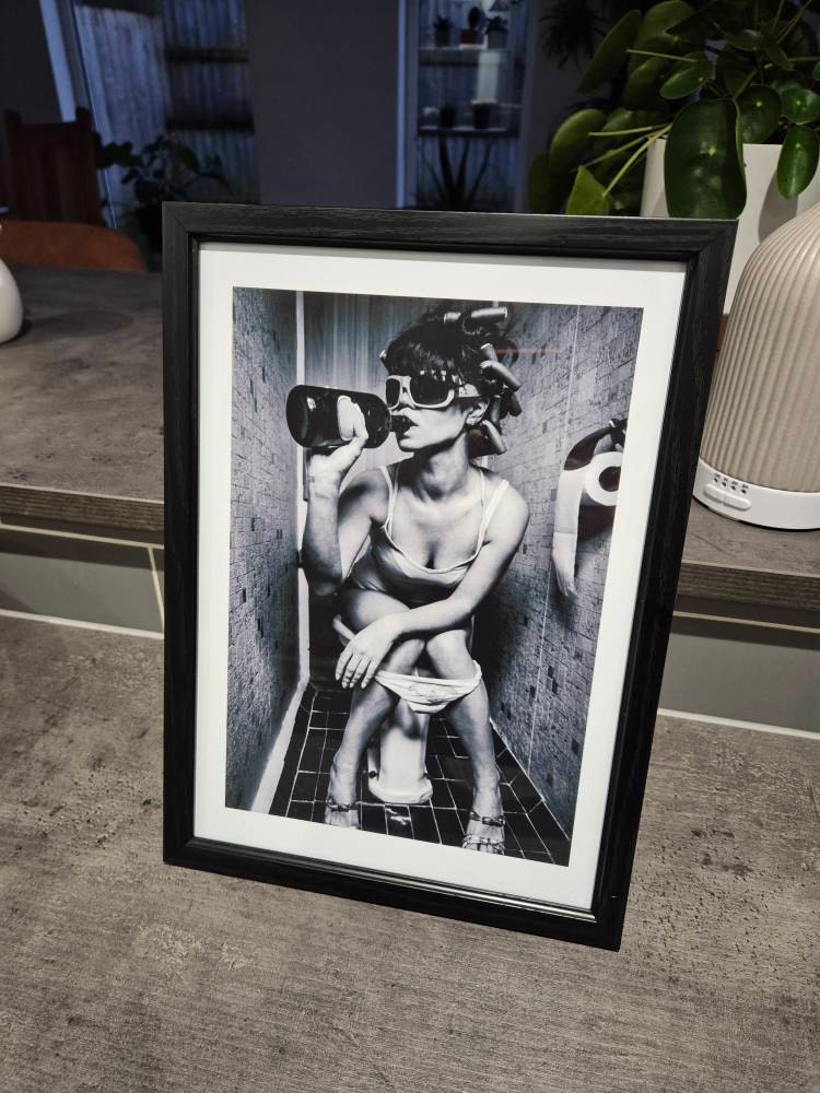 Drinking in the Bathroom, Girl on the Toilet, Black and White Bathroom Prints, Framed Print/Poster or Downloadable Art