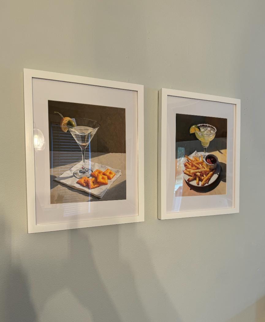 Martini and Cheese Crackers Print | Cute Quirky Whimsical | Cocktail Art Bar Cart Decor | Elegant Oil Painting Gift | Trendy Kitchen Wall