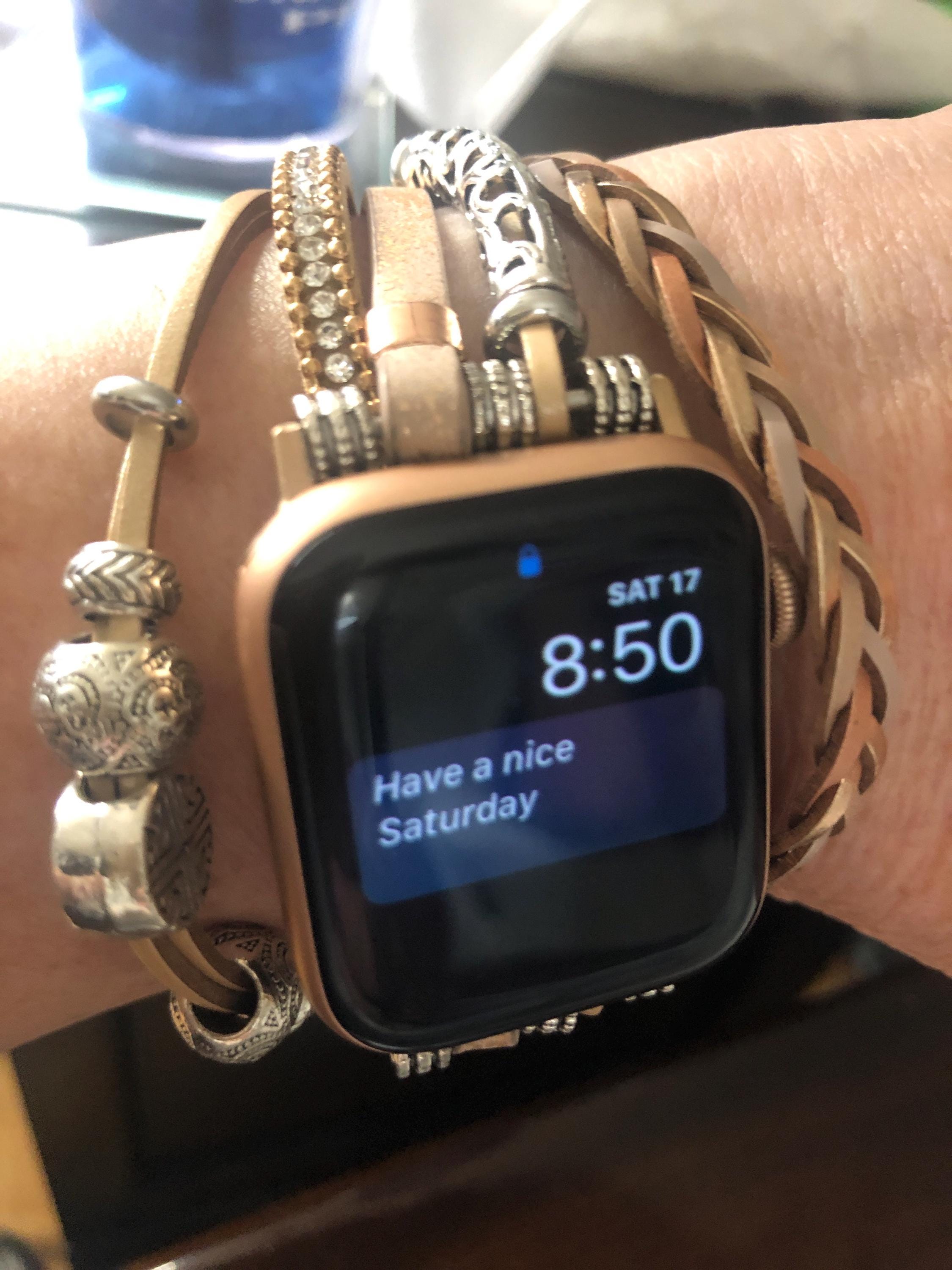 Leather Band Apple Watch Band 38mm 40mm 41mm 42mm 44mm 45mm 49mm Women, Multilayer Boho Bead Wrap Weave Leather Strap for iWatch Band Series
