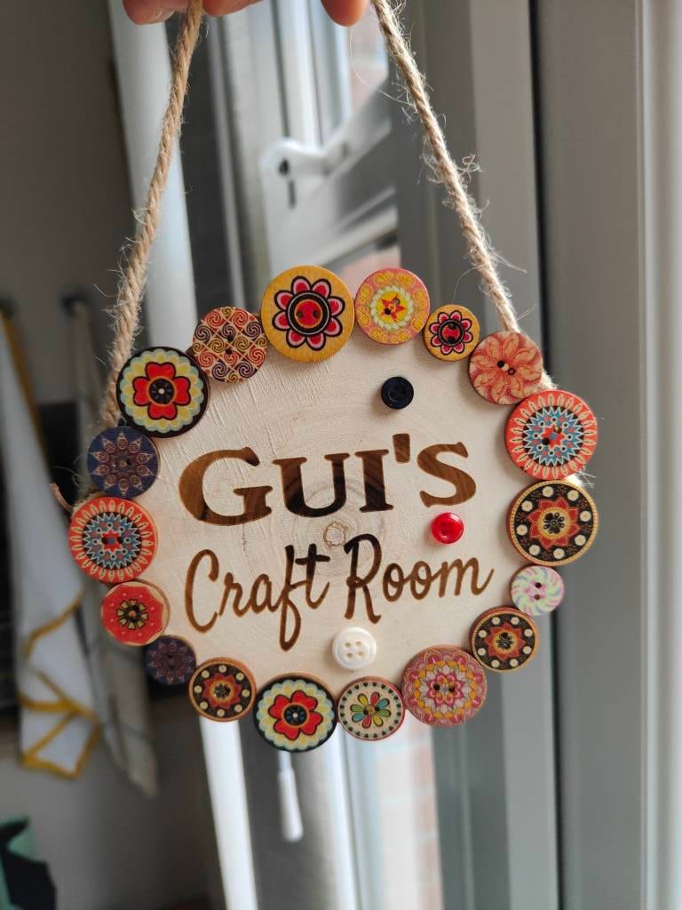 Personalised Room Name Logs Engraved Craft Room Plaque with Buttons Wooden Log Sign Hung with Twine Customised to your Words!