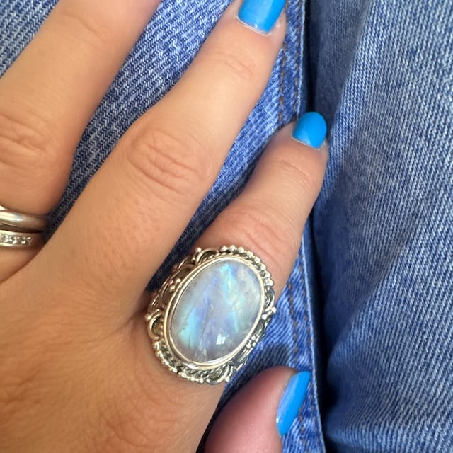 Anillo Bohemio De Plata Esterlina Con Piedra Lunar Arcoíris, Hecho A Mano, Anillo Llamativo Bohemio, Regalo Para Mujer, Piedra Lunar Natural, Piedra Azul Brillante - España