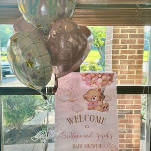 Editable Bear Pink Gold Welcome Baby Shower Sign, Gold Bear Pink Sign, Welcome Poster Bear Sign, Clouds Bear Bear Sign Pink Gold Decorations