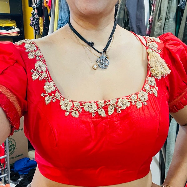 Red Color Raw Silk Sitara Work Blouse main image 1