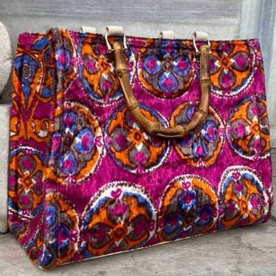 Multicolor Ikat Velvet Large Tote Bag with Pink, Orange and Blue Waves main image 1